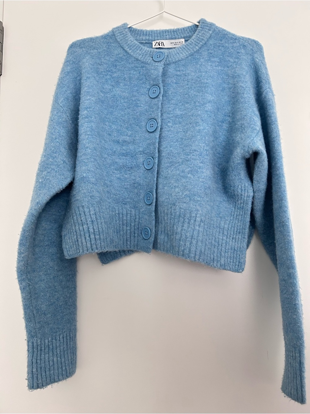 ZARA Baby Blue Cropped Button-Up Knit Cardigan